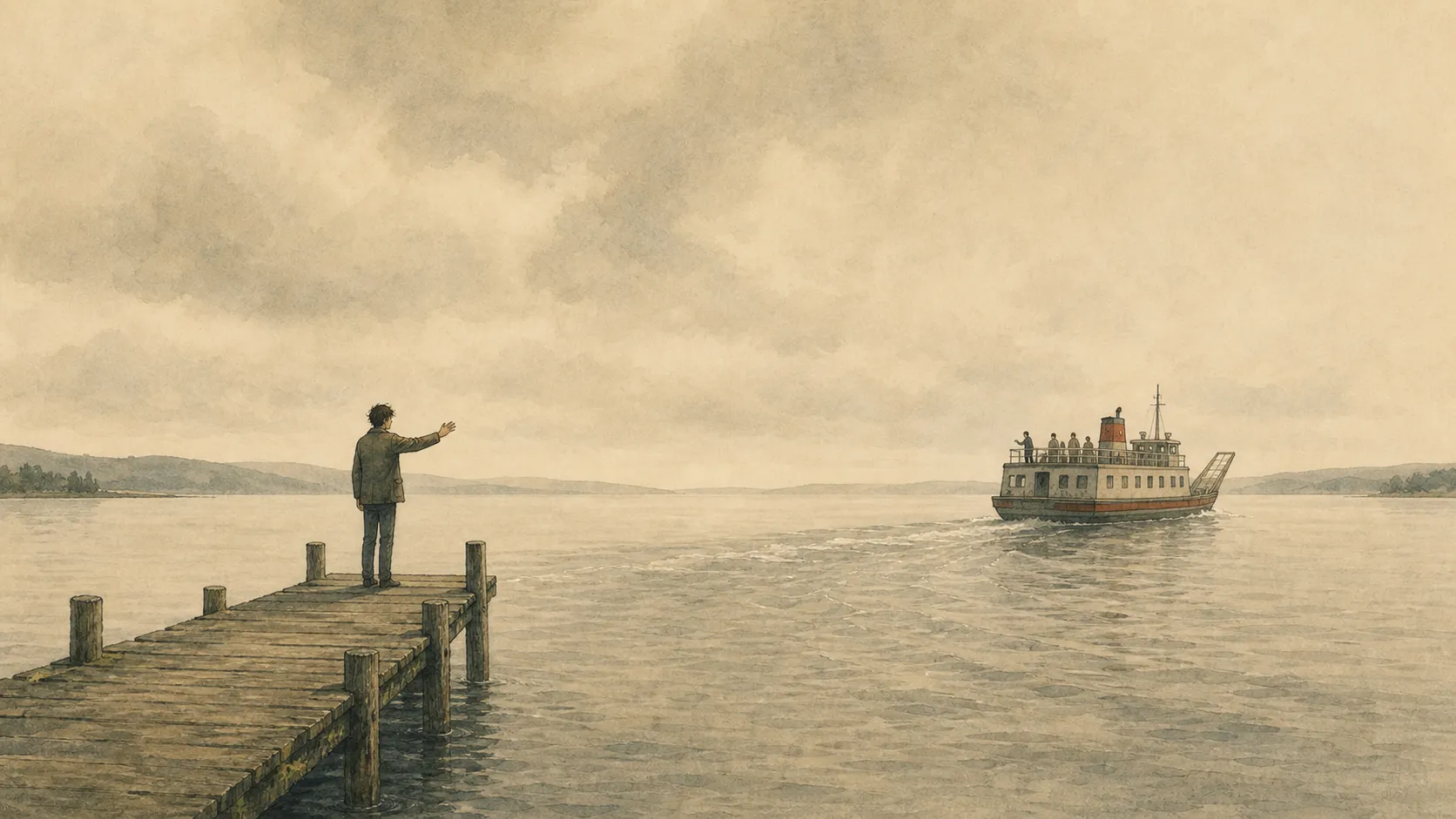 A person reaches from the end of a dock toward a passenger ferry moving away across the water.
